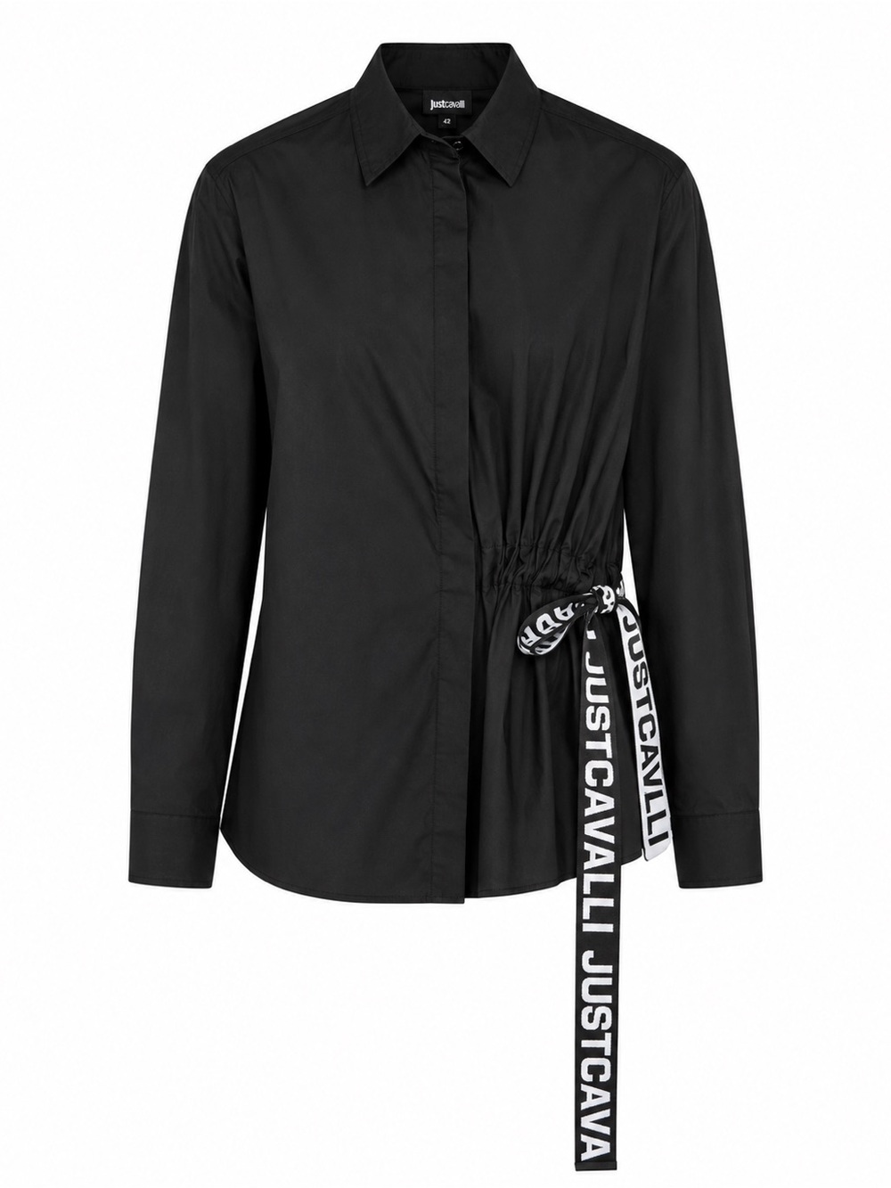 JUST CAVALLI Tie-detailed gathered cotton-blend poplin button down shirt